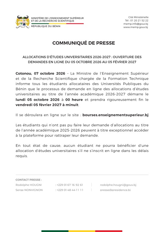 Année académique 2026-2027 : ouverture des demandes d’allocations d’études universitaires